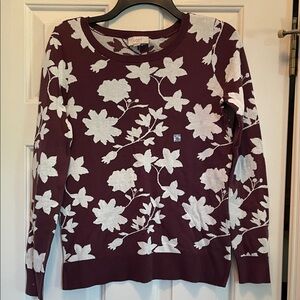 LOFT Maroon Crewneck Sweater with Cream Floral Jacquard